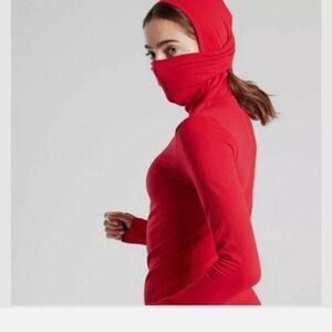 Athleta Flurry Balaclava Seamless Hoodie Red XS Pullover Compression Thumb Hole